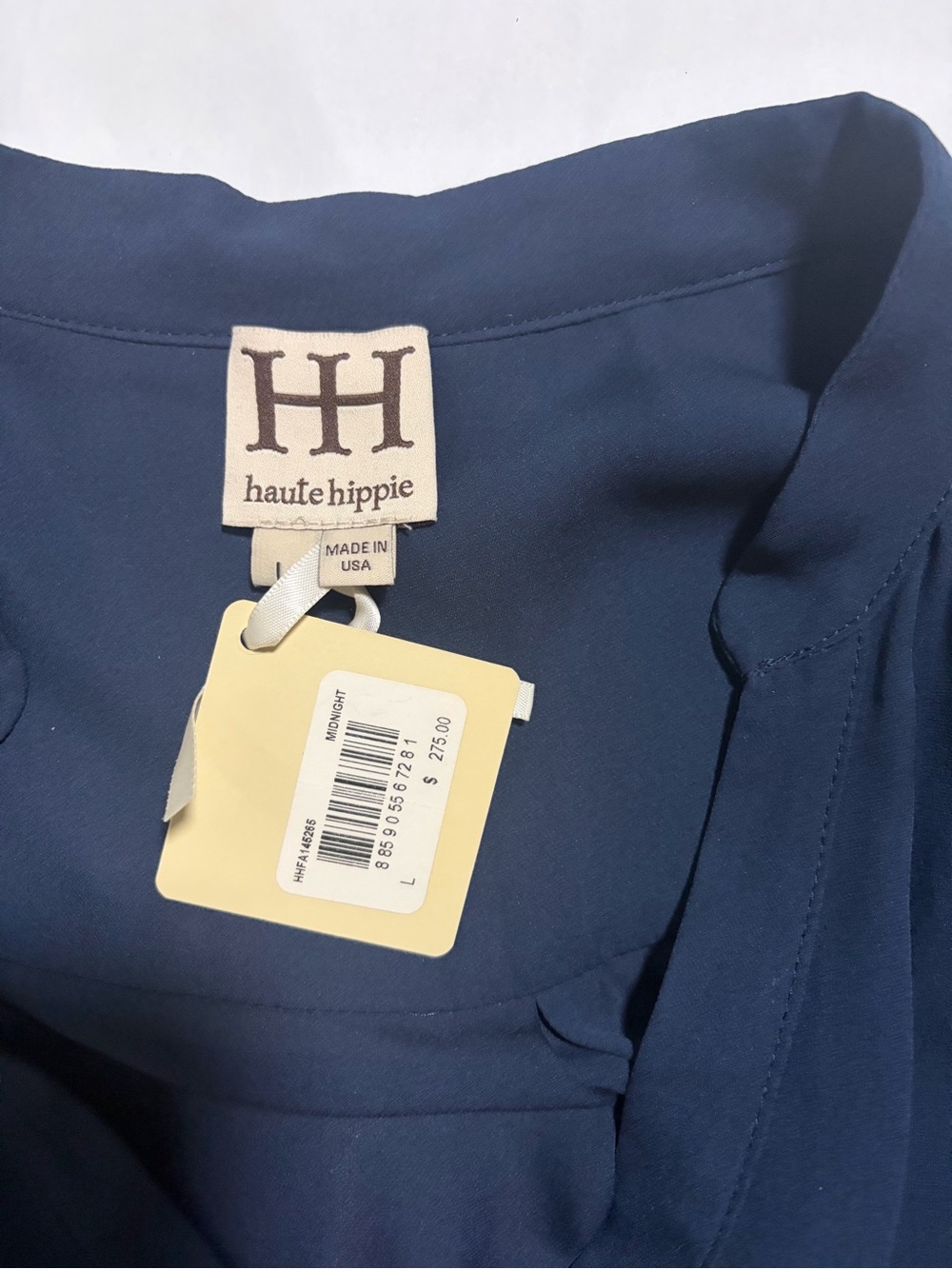 Haute Hippie 100% Silk Henley Mandarin Collar Blouse Navy L NWT - Picture 4 of 7